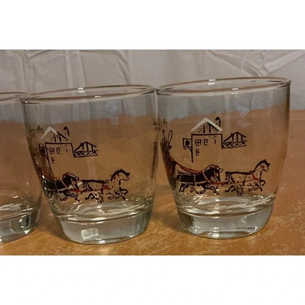 Vintage‎ 1950s Libbey Stagecoach & Horses Low Ball Glasses, Set Of 4, Gold Rim